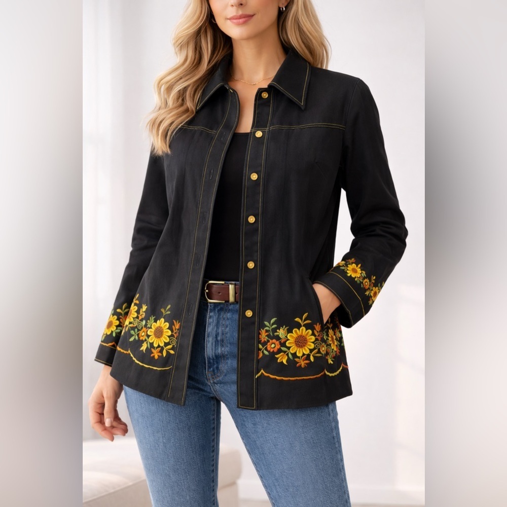 Rustica St Gallen Black Embroidered Sunflower Jacket Size 42 Swiss Floral Trim